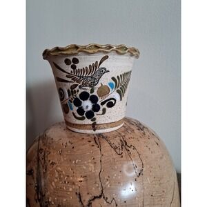RS Mexico Tonala Pottery Bird Planter Hand Painted Scalloped Rim Stoneware Pot